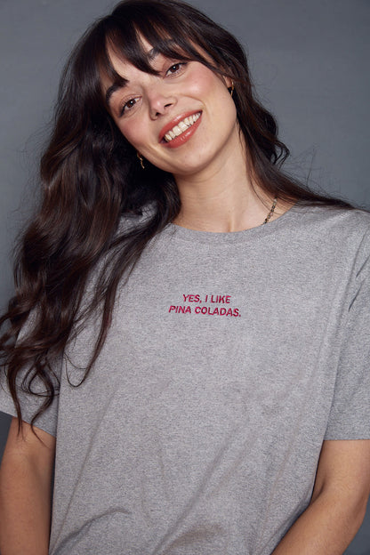 Embroidered Slogan 'Yes I Like Pina Coladas' T-Shirt in Grey by Rock On Ruby
