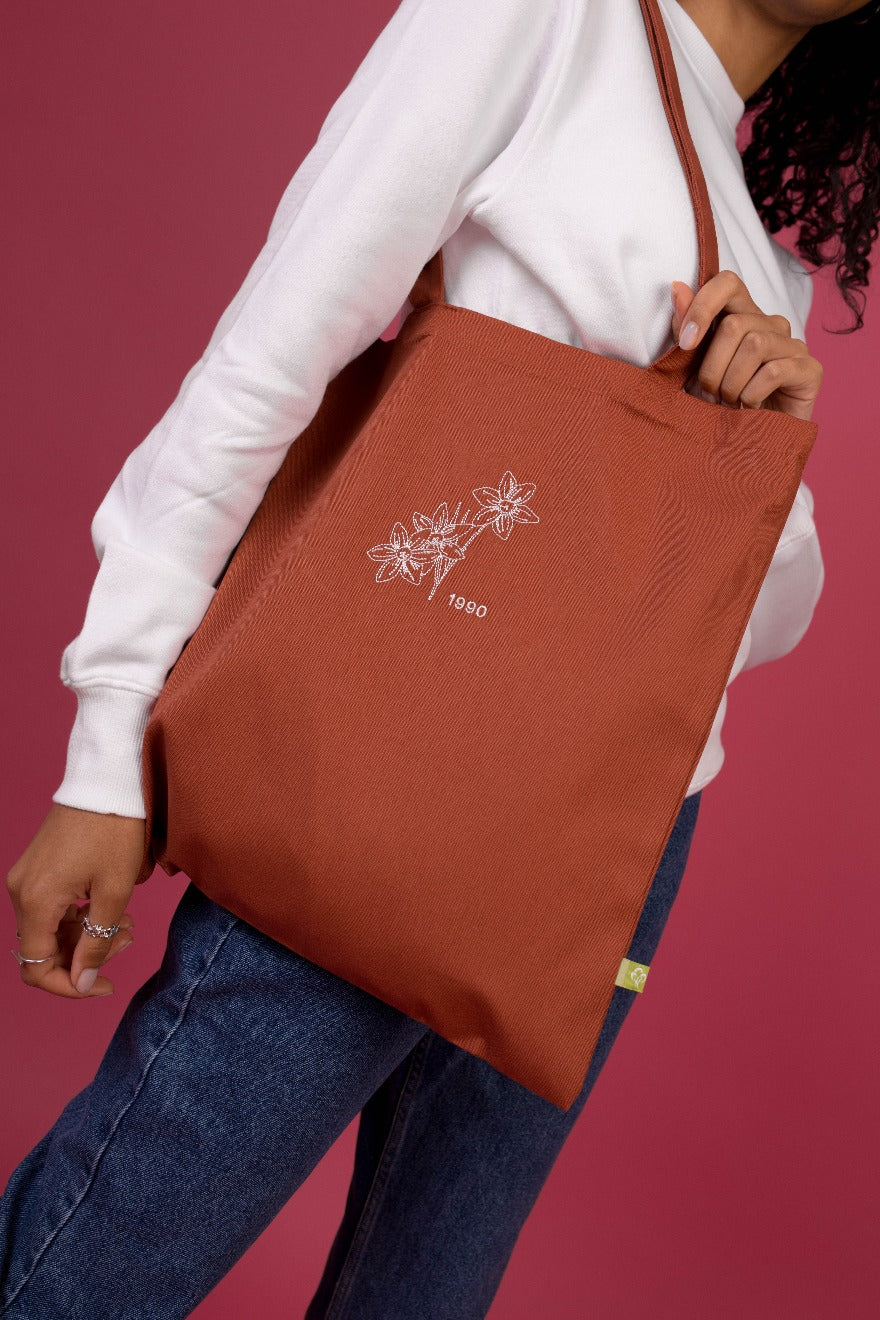 Rust Embroidered 1990 Flower Tote Bag