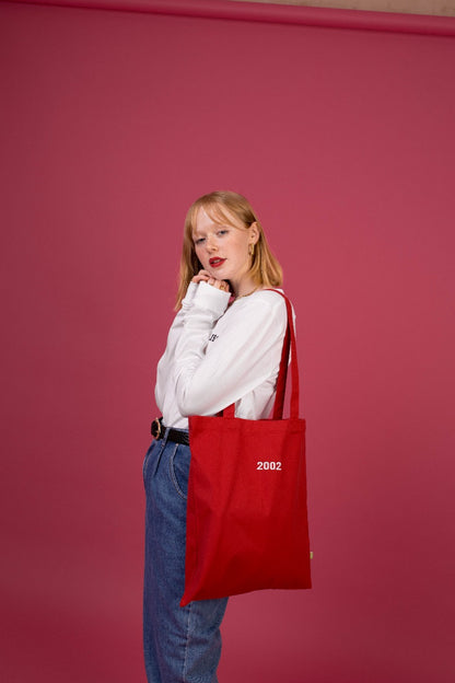 Red 2002 Embroidered Year Tote Bag