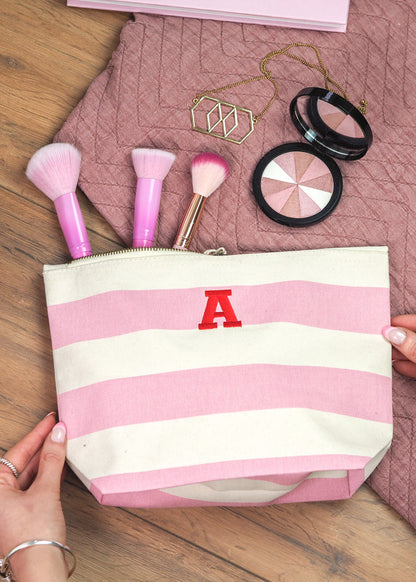 Embroidered Initial Striped Make Up Bag