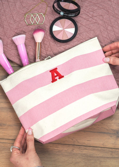 Embroidered Initial Striped Make Up Bag