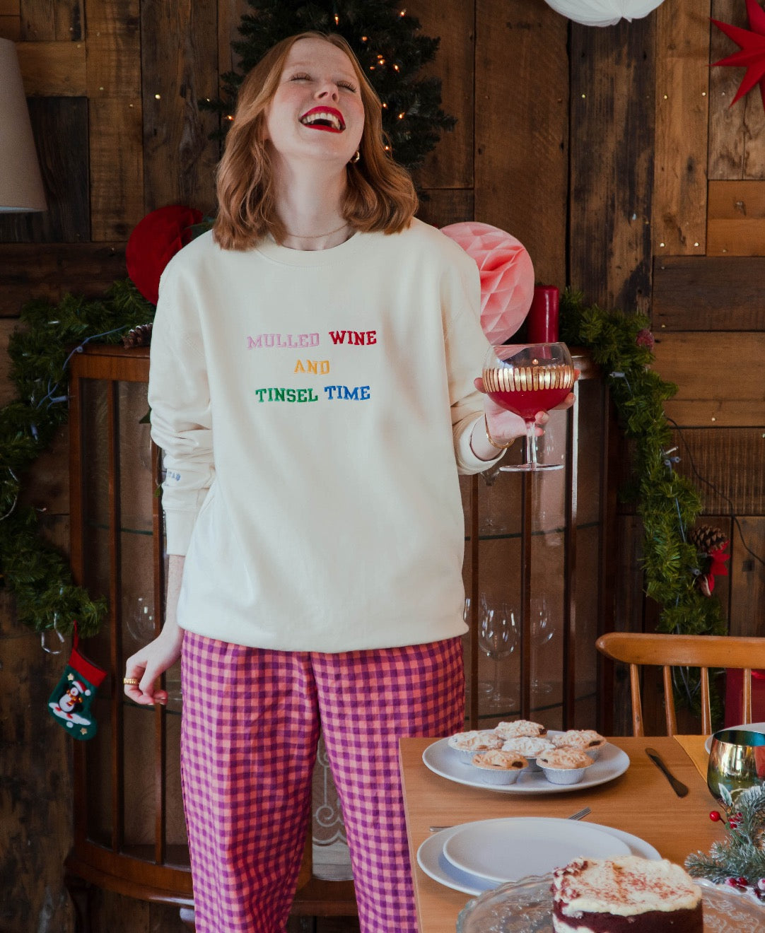 Embroidered Mulled Wine and Tinsel Time Christmas Sweatshirt