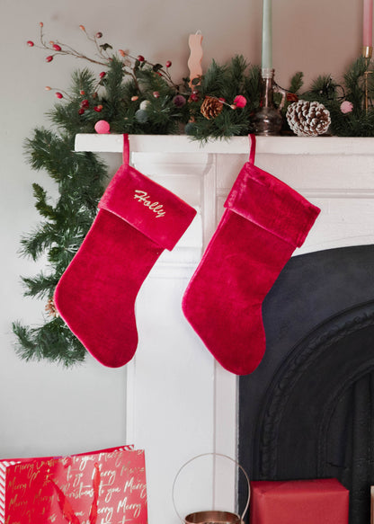Personalised Embroidered Red Velvet Look Stocking